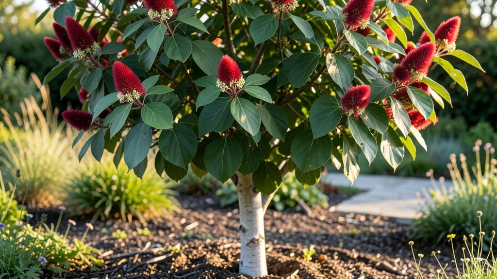 Tree With Red Fuzzy Flowers: Dramatic Winter Garden Statement
