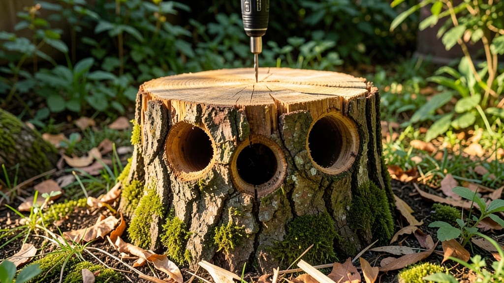 Classic Woodpecker Stump House with Drilled Holes