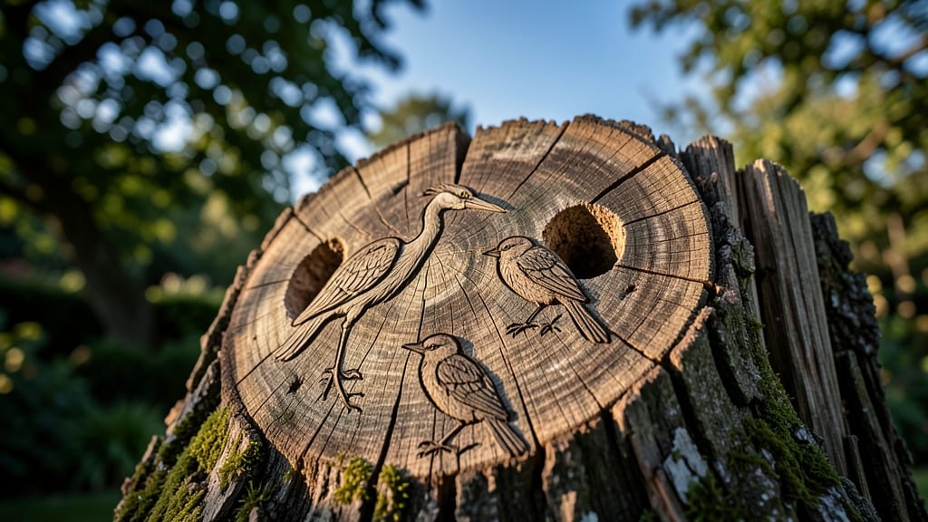 Sculpted Stump with Carved Bird Silhouettes