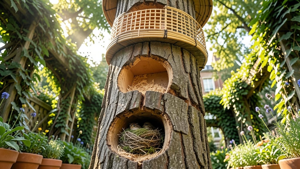 Multi-Level Stump Bird Hotel with Stacked Platforms